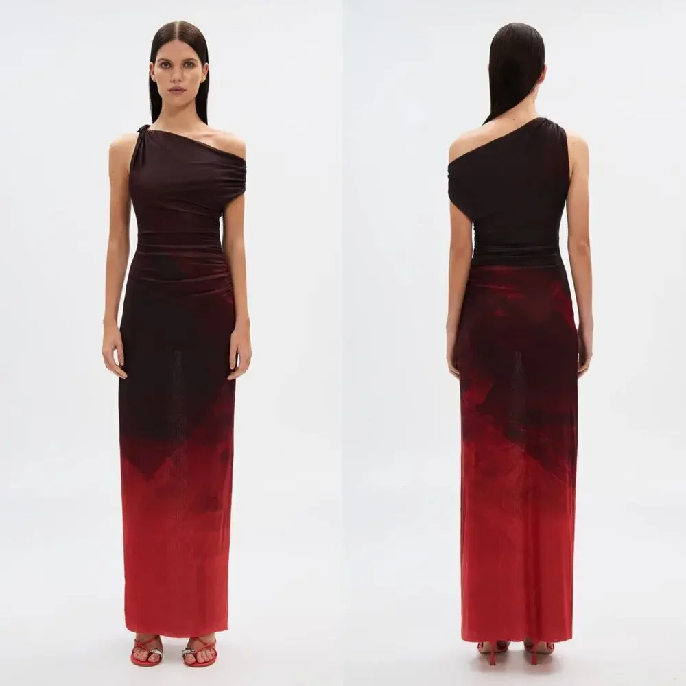Misha The Nyra Mesh Dress One Shoulder Maxi Bodycon Venus Print Ombre Red Small